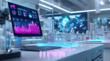digital lab dashboard with sample tracking and test results, holographic screen above laboratory table with glowing charts and molecular data