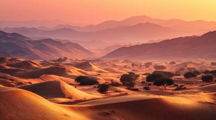Naklejka premium Golden Desert Sunset Landscape with Sand Dunes and Mountains