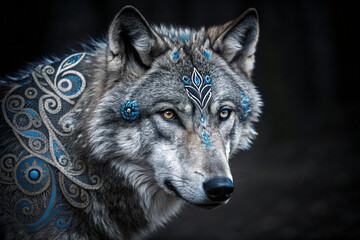Fototapeta premium Enchanting wolf portrait featuring glowing blue spiritual markings, conveying wisdom and serene power