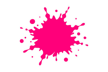 Vibrant pink paint splatter with droplets against a stark black background