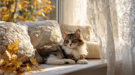 Fluffy cat lying on windowsill, surrounded by autumn leaves and soft pillows, golden sunlight filtering through sheer curtains