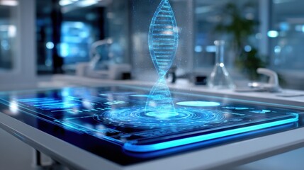 futuristic holographic science interface hovering above lab desk, glowing data charts, DNA helix projection, blue ambient light, no people