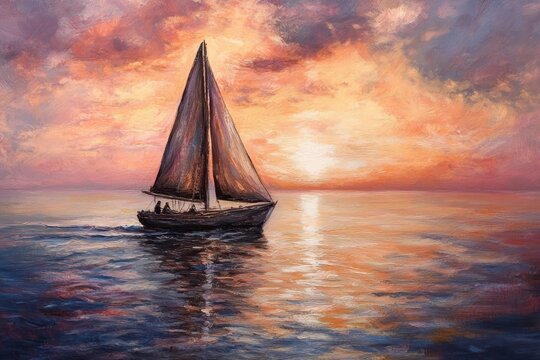 Sailing calmly across serene waters during a vibrant evening sunset, Sailing Over Calm Water In The Evening