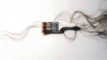 A paint brush is applying thin light brown streams onto a pure white backdrop