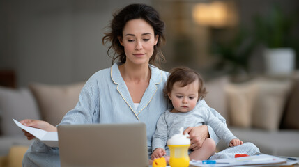 Busy mother multitasking with baby and laptop in living room