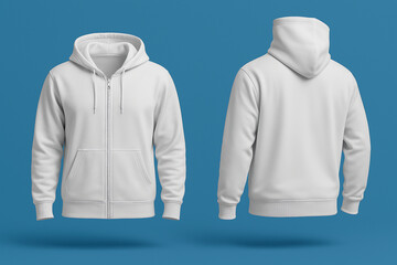 Two white hooded sweatshirts displayed against a blue background in a studio setting showcasing design