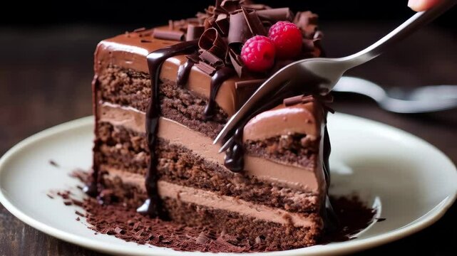 A rich slice of chocolate mousse cake layered with creamy chocolate filling topped with chocolate curls and fresh raspberries served on a plate
