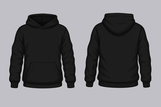 Front and back view of a black hoodie with a pocket on a light grey background mockup template