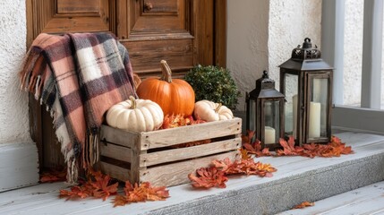 Vintage wooden crate filled with pumpkins and autumn leaves placed near rustic house door with plaid blanket and lantern