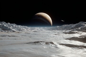 view of jupiter from the smooth surface of ice covered Europa with spacecraft landing generated image
