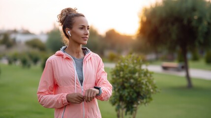 woman using smartwatch to track heart rate and breathing, walking slowly through peaceful park at sunset