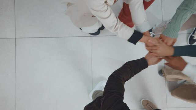 Space, hands stack and above of business people for motivation, support and agreement. Professional, startup company and workers together for collaboration, partnership and teamwork in office