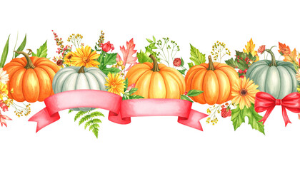 Autumn flowers and leaves background with pumpkins on white background.
