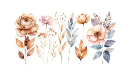 Beautiful watercolor floral and leaf background with golden elements on white background.