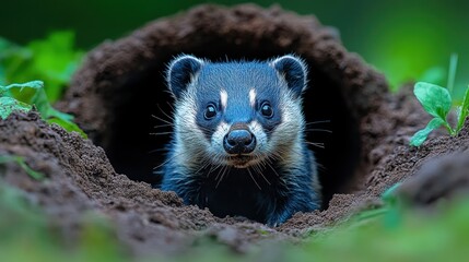 Fototapeta premium Badger peering from a burrow in the undergrowth.
