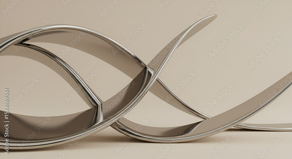 Fototapete abstract metal structure with curved elements reflecting light in a beige space