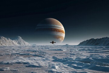 view of jupiter from the smooth surface of ice covered Europa with spacecraft landing generated image