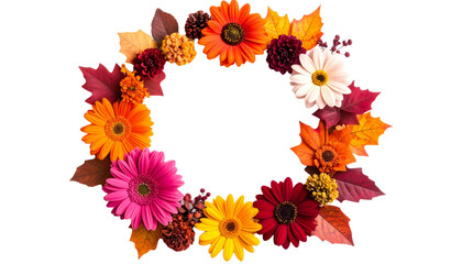 Autumn flowers and leaves background with pumpkins on white background.
