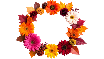 Autumn flowers and leaves background with pumpkins on white background.
