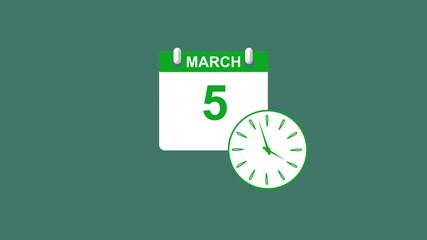 March month 5 date calendar icon clock lime green color animation 4k video. 
