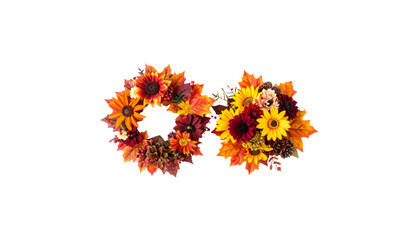 Autumn flowers and leaves background with pumpkins on white background.
