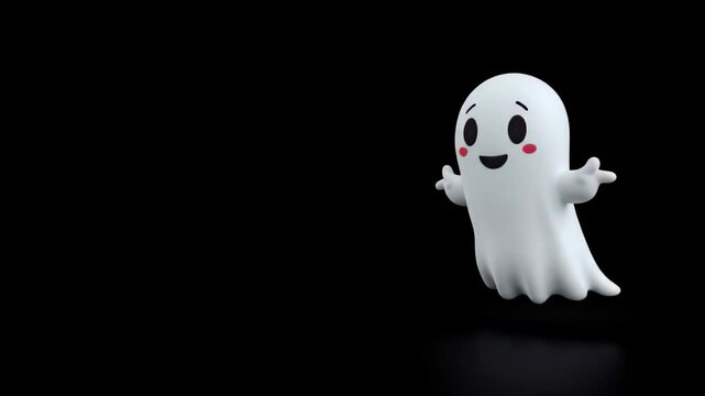 A cheerful cartoon ghost with bright eyes and rosy cheeks stands with arms outstretched on a plain black backdrop exuding a playful Halloween spirit