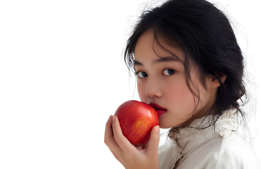 Cute Asian girl holding apple white background