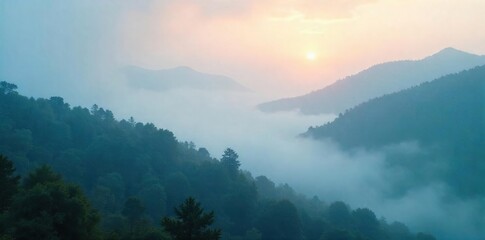 Misty Mountain Landscape at Dusk Ethereal Fog, Soft Light, Serene Atmosphere, Perfect for Fantasy or Mystery Backgrounds