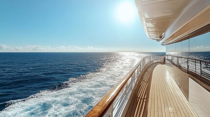 Sunlit cruise ship deck overlooking tranquil ocean.