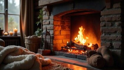 A cozy fireplace scene with glowing embers, soft blankets draped nearby, and a sense of warmth and comfort, perfect for evoking feelings of home and belonging , hearthside, traditional