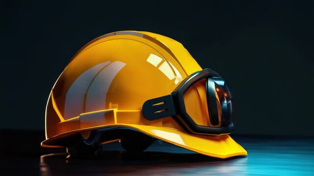 A yellow hard hat sits on a table, ready for use