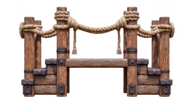 Wooden dock bridge with rope railing