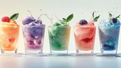 A colorful array of ice cream slushies in different colors and shapes, arranged on an isolated background with a pastel color scheme. The scene includes the delicious textures of.