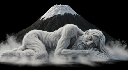 Fototapeta premium Giant figure sleeping peacefully beneath mountain in misty landscape 