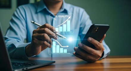 Analyzing Quality vs Cost Man in blue shirt a digital stylus laptop smartphone chart holograms glow on warm wood desk