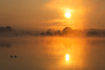 Sunrise over the lake. Sunny June morning.