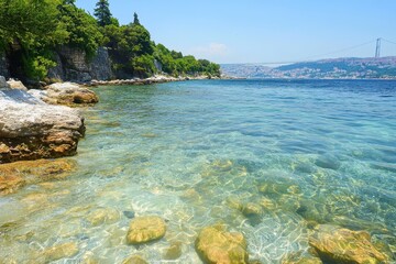 Clear blue water of the Bosphorus strait reveals vibrant marine life near Istanbul, Clear sea water in the Bosphorus strait in Istanbul, Turkey