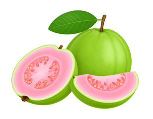Pink guava fruit, sliced and whole