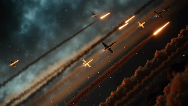 low angle view of multiple surface-to-air missiles streaking upward toward incoming fighter jets, golden hour lighting, intense and powerful atmosphere