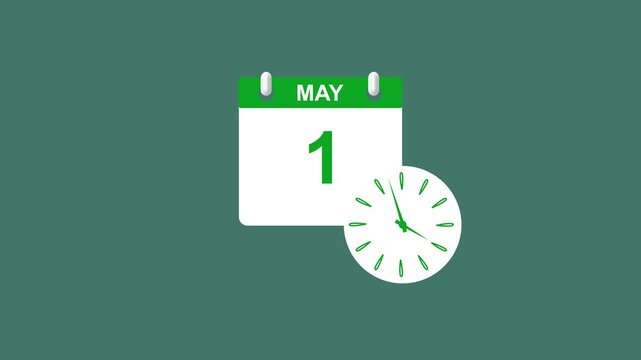 May month 1 date calendar icon clock lime green color animation 4k video. 