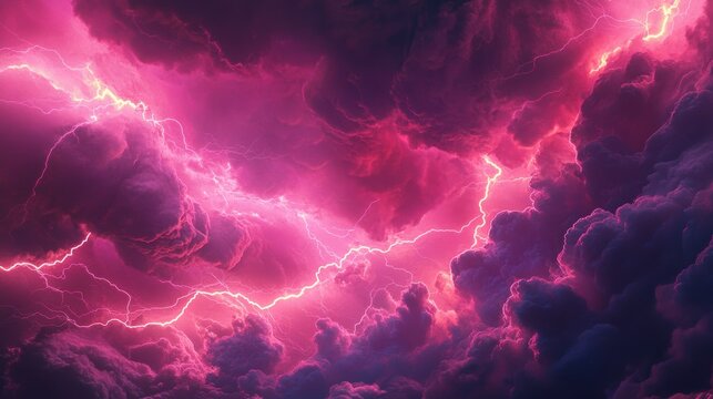 Pink lightning strikes through dark, dramatic clouds. - Powered by Adobe