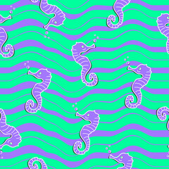 Vector seamless pattern with seahorse and sea animals.