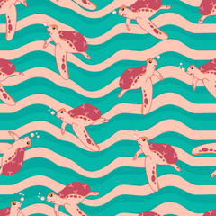 Vector seamless pattern with Sea turtle and sea animals.