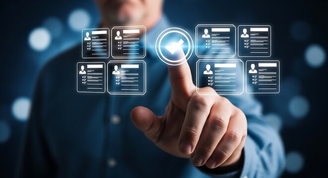 Human resources selecting a candidate on a glowing touchscreen with ethereal light modern blue and a blurry background