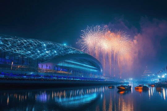 Fireworks light up Yas Bay in Abu Dhabi during public celebration, Fireworks in Yas Bay in Abu Dhabi celebrating public holiday