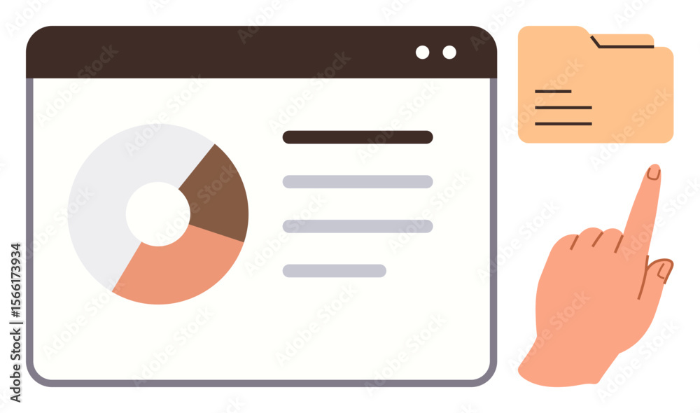 Poster circular chart and text on a dashboard interface, hand pointing at file folder. ideal for data, anal