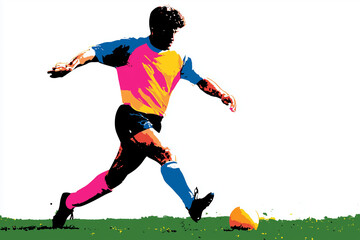 Naklejka premium a soccer player in action, kicking a ball on a grassy field