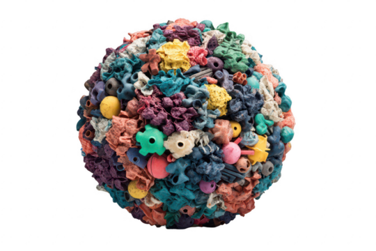 Colorful, textured sphere of crumpled fabric and beads