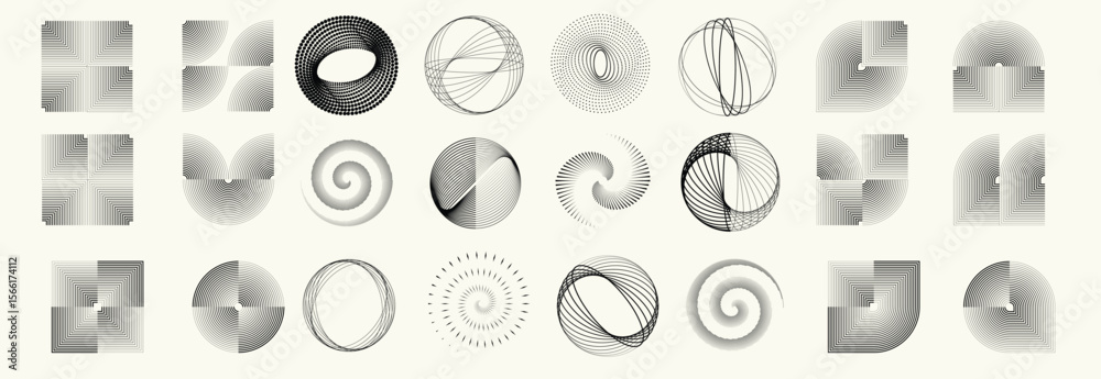 Poster collection of vector design elements. set of logos with lines, stripes and circles. various forms of