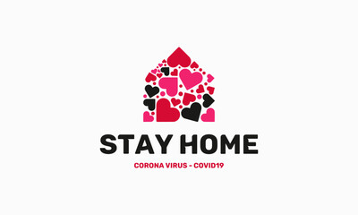 Stay home quote text, hash tag or hashtag. Coronavirus COVID 19 protection logo, Stay at home slogan with house and heart vector